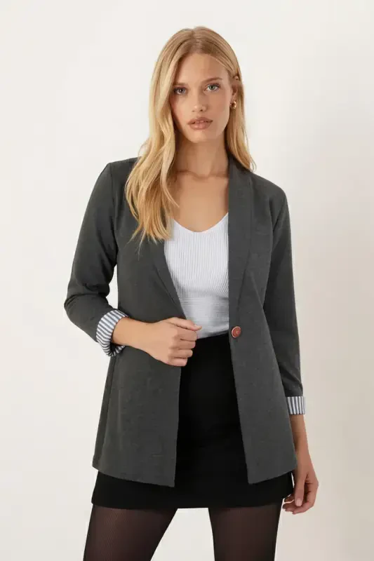 Women's Dark Khaki Inner Arm Striped Single Button Jacket ARM-22K001122-Dark Khaki - ARMONIKA
