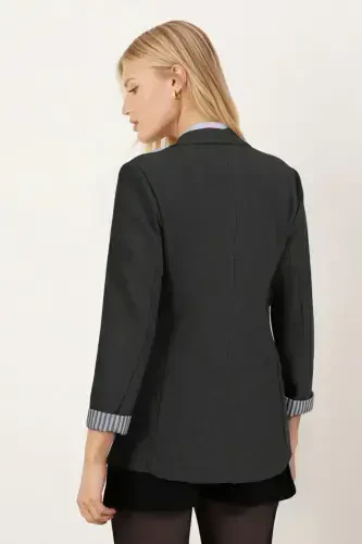 Women's Dark Khaki Inner Arm Striped Single Button Jacket ARM-22K001122-Dark Khaki - ARMONIKA (1)