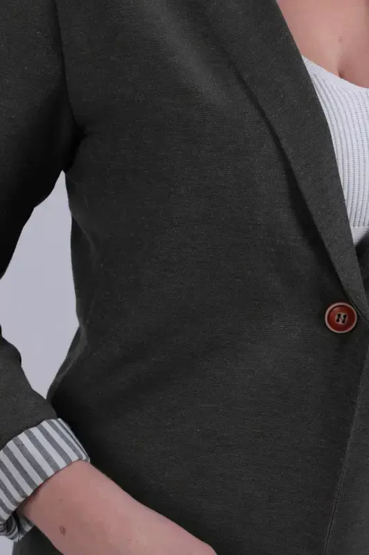 Women's Dark Khaki Inner Arm Striped Single Button Jacket ARM-22K001122-Dark Khaki - 3