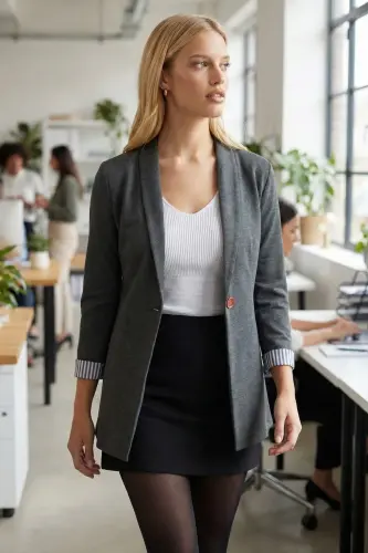 Women's Dark Khaki Inner Arm Striped Single Button Jacket ARM-22K001122-Dark Khaki - 6