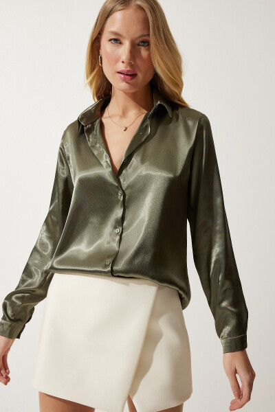 Women's Dark Khaki Lightweight Draped Satin Shirt DD00990 - HAPPINESS İSTANBUL (1)