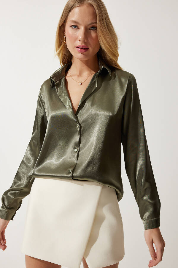 Women's Dark Khaki Lightweight Draped Satin Shirt DD00990 - 2