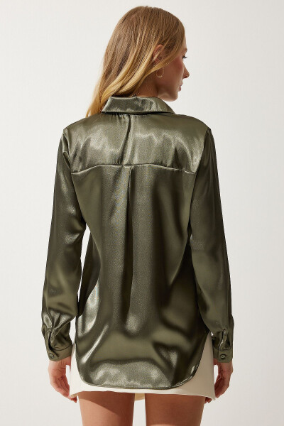 Women's Dark Khaki Lightweight Draped Satin Shirt DD00990 - 5