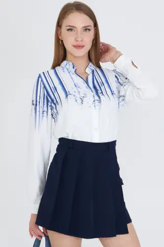 Women's Dark Navy Blue Collared Patterned Shirt ARM- - 3
