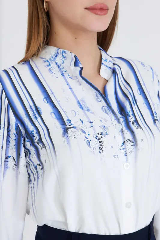 Women's Dark Navy Blue Collared Patterned Shirt ARM- - 4
