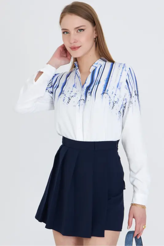 Women's Dark Navy Blue Collared Patterned Shirt ARM- - 7
