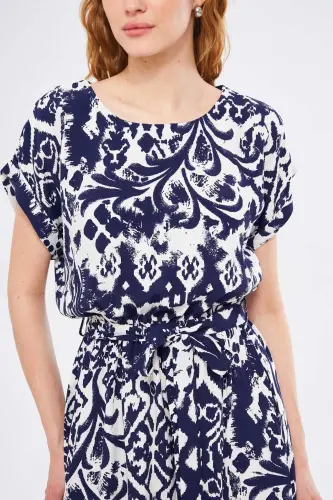 Women's Dark Navy Blue Elastic Waist Tie Detailed Patterned Dress ARM-22Y001044-Dark Navy Blue - 9