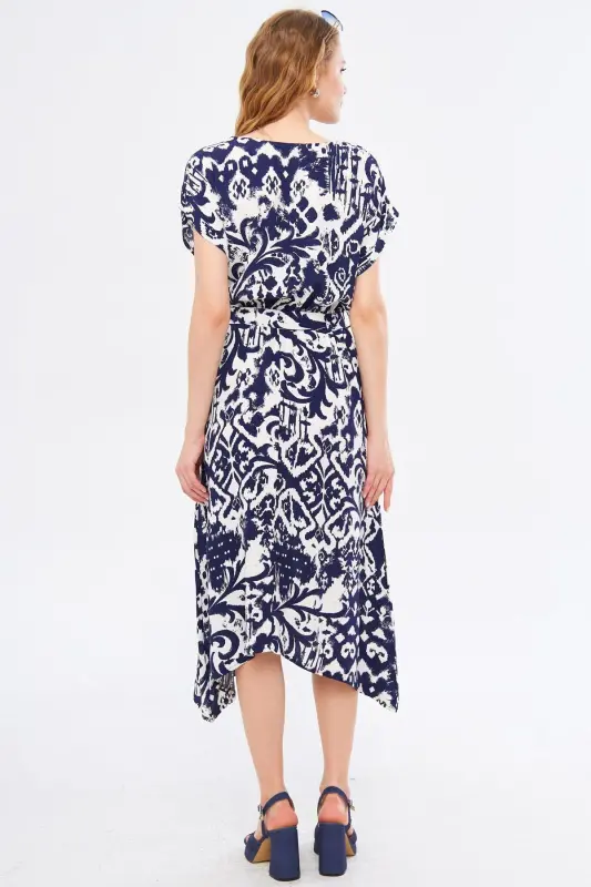 Women's Dark Navy Blue Elastic Waist Tie Detailed Patterned Dress ARM-22Y001044-Dark Navy Blue - 11