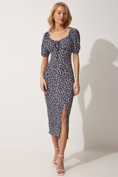 Women's Dark Navy Carmen Collar Slit Summer Knitted Dress FF00113 - 3