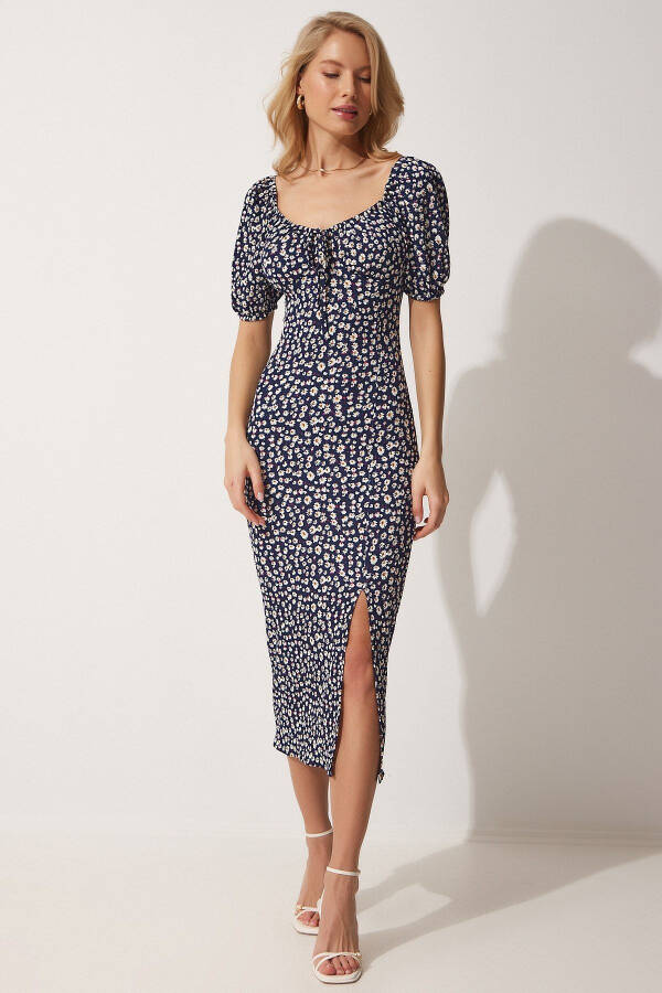 Women's Dark Navy Carmen Collar Slit Summer Knitted Dress FF00113 - 3
