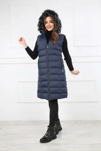 Women's Dark Navy Padded Long Vest Coat-Dark Navy - S&V TEKSTİL (1)