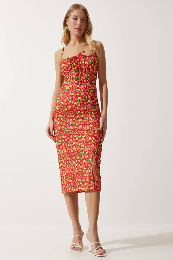 Women's Dark Orange Floral Print Summer Knit Dress with Slit CI00029 - 1