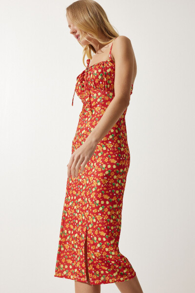 Women's Dark Orange Floral Print Summer Knit Dress with Slit CI00029 - 2