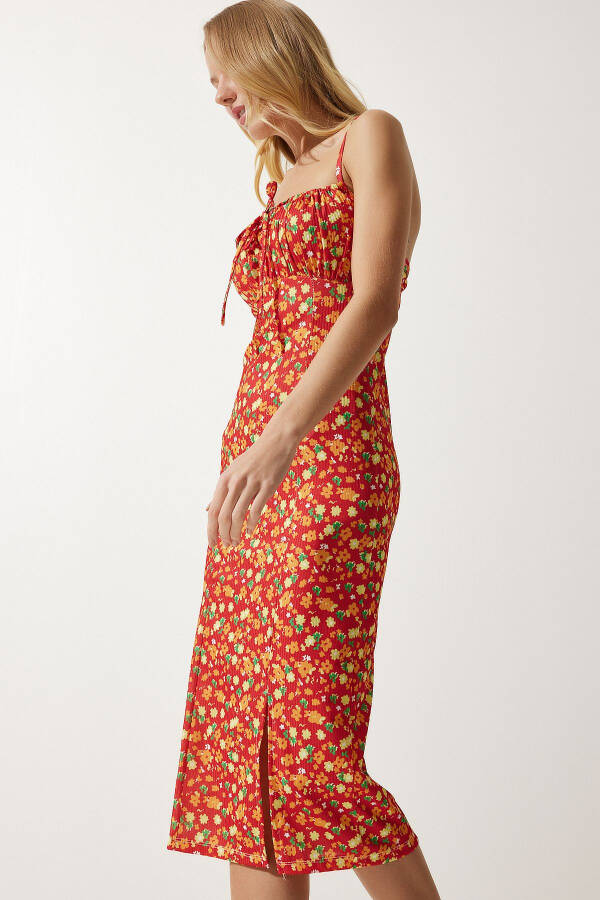 Women's Dark Orange Floral Print Summer Knit Dress with Slit CI00029 - 2