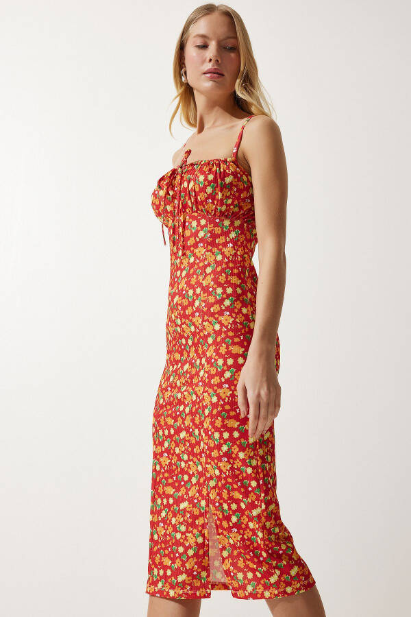 Women's Dark Orange Floral Print Summer Knit Dress with Slit CI00029 - 3