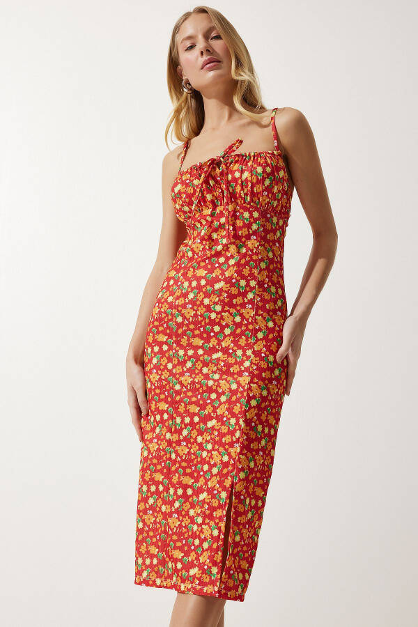 Women's Dark Orange Floral Print Summer Knit Dress with Slit CI00029 - 4