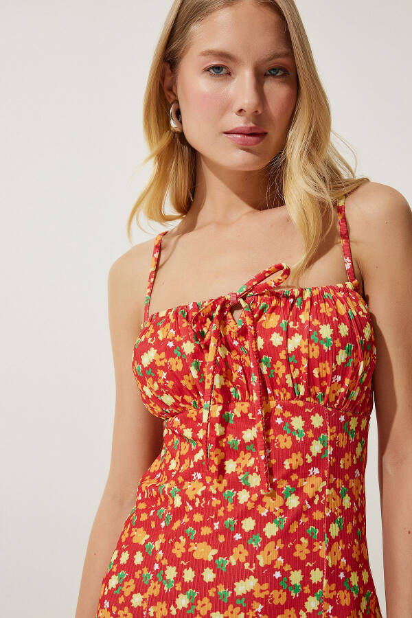 Women's Dark Orange Floral Print Summer Knit Dress with Slit CI00029 - 5