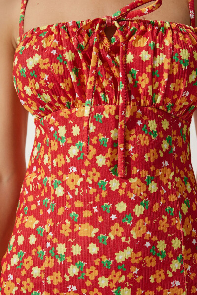 Women's Dark Orange Floral Print Summer Knit Dress with Slit CI00029 - 6