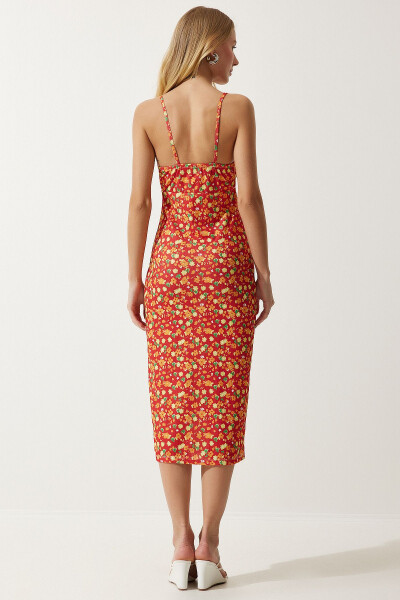 Women's Dark Orange Floral Print Summer Knit Dress with Slit CI00029 - 7