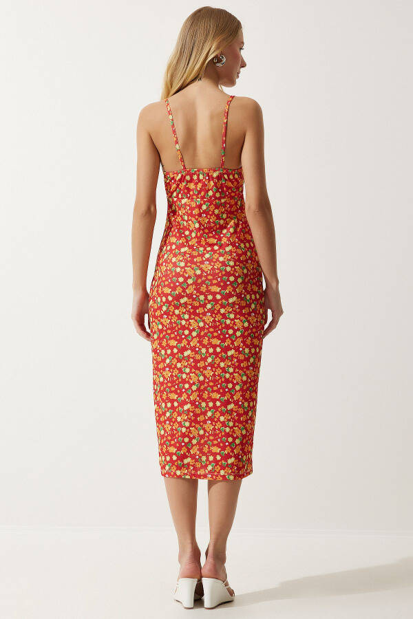 Women's Dark Orange Floral Print Summer Knit Dress with Slit CI00029 - 7