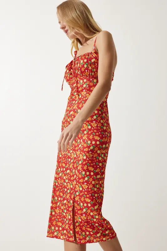 Women's Dark Orange Floral Print Summer Knit Dress with Slit CI00029 - 2