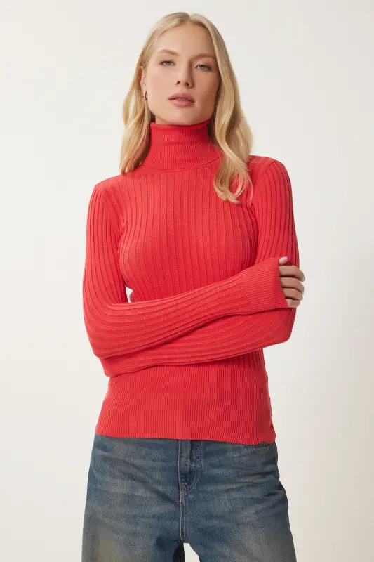 Women's Dark Orange Turtleneck Ribbed Basic Sweater bv00095-Dark Orange - 1