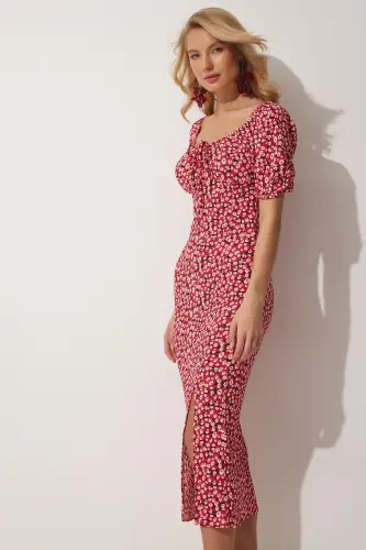 Women's Dark Pink Carmen Collar Slit Summer Knitted Dress FF00113-Dark Pink - 3
