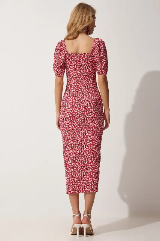 Women's Dark Pink Carmen Collar Slit Summer Knitted Dress FF00113-Dark Pink - 4