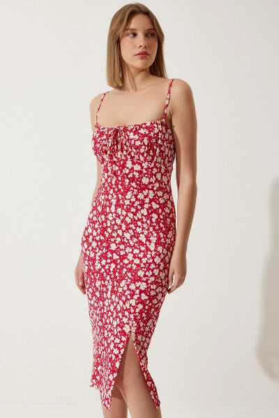 Women's Dark Pink Floral Print Summer Knit Dress with Slit CI00029 - HAPPINESS İSTANBUL