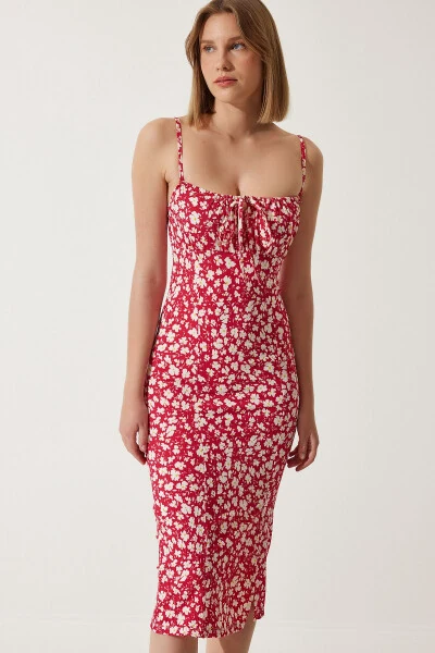Women's Dark Pink Floral Print Summer Knit Dress with Slit CI00029 - HAPPINESS İSTANBUL (1)