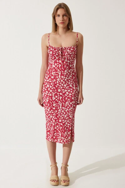 Women's Dark Pink Floral Print Summer Knit Dress with Slit CI00029 - 3