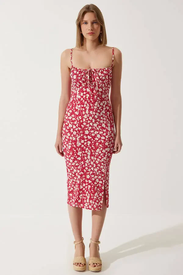 Women's Dark Pink Floral Print Summer Knit Dress with Slit CI00029 - 3