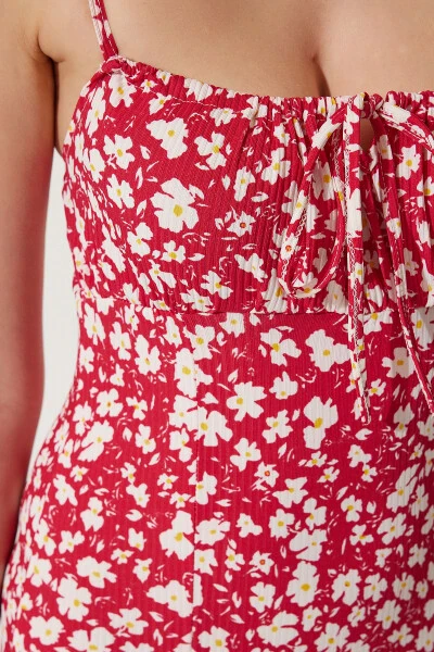 Women's Dark Pink Floral Print Summer Knit Dress with Slit CI00029 - 4