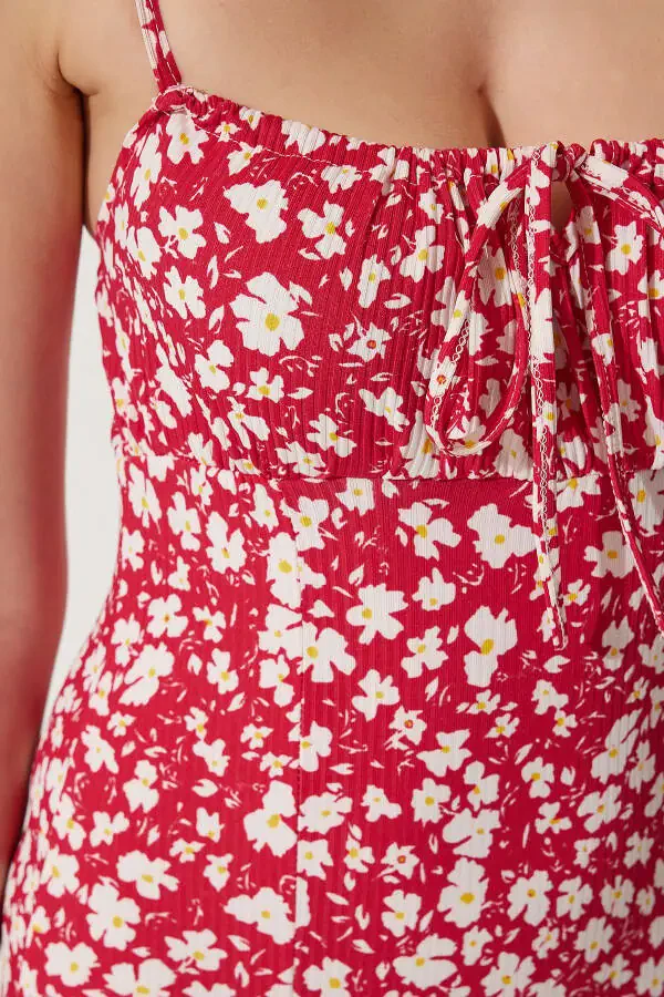 Women's Dark Pink Floral Print Summer Knit Dress with Slit CI00029 - 4