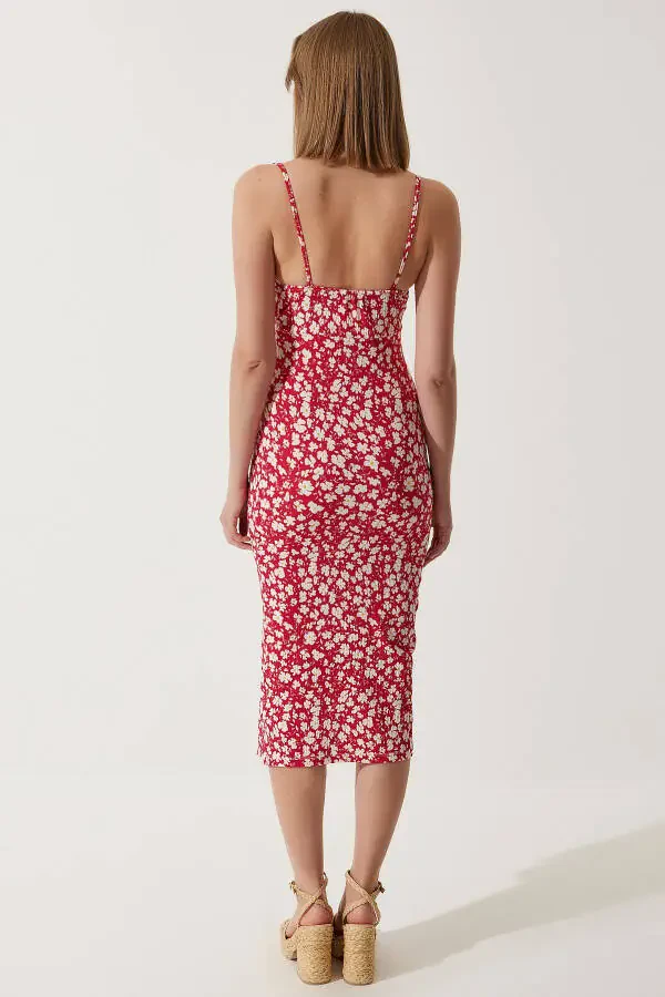 Women's Dark Pink Floral Print Summer Knit Dress with Slit CI00029 - 5