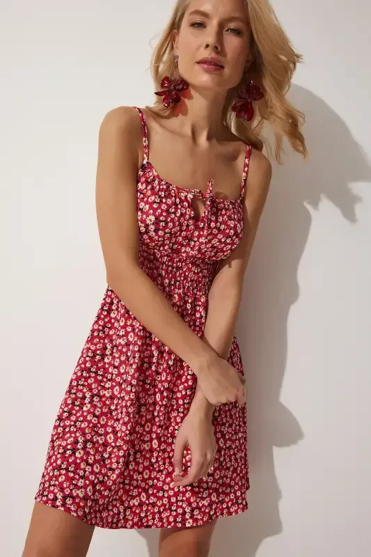 Women's Dark Pink Floral Sleeveless Summer Mini Knitted Dress FF00112-Dark Pink - 1