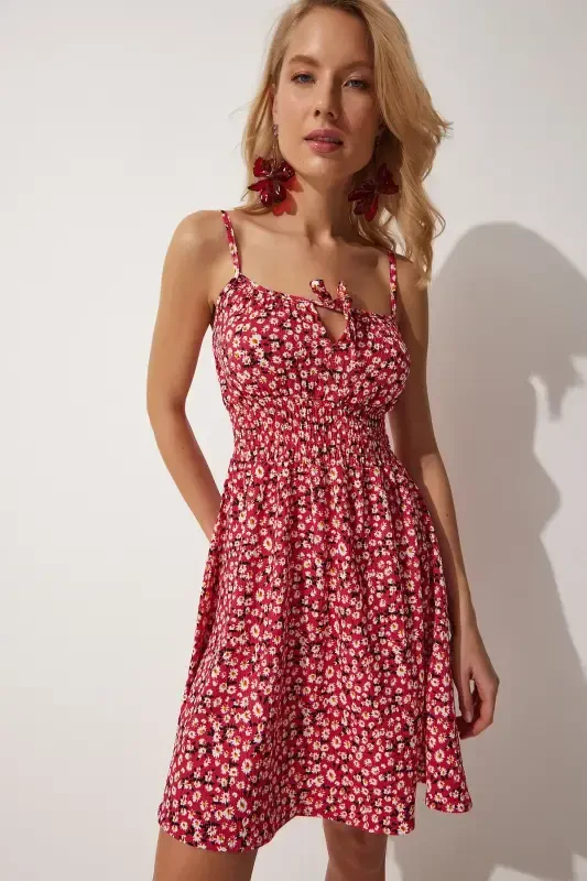 Women's Dark Pink Floral Sleeveless Summer Mini Knitted Dress FF00112-Dark Pink - 2