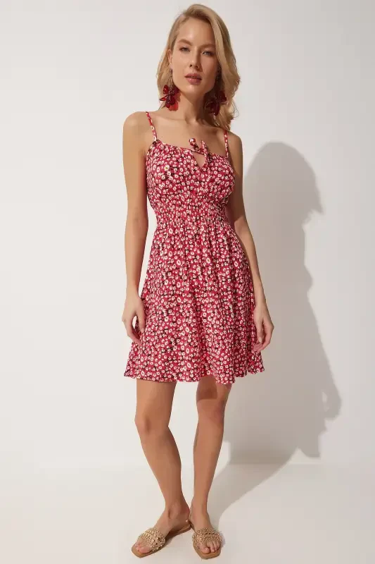 Women's Dark Pink Floral Sleeveless Summer Mini Knitted Dress FF00112-Dark Pink - 3