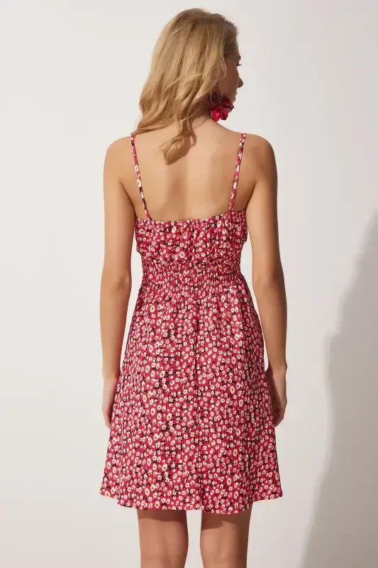 Women's Dark Pink Floral Sleeveless Summer Mini Knitted Dress FF00112-Dark Pink - 4