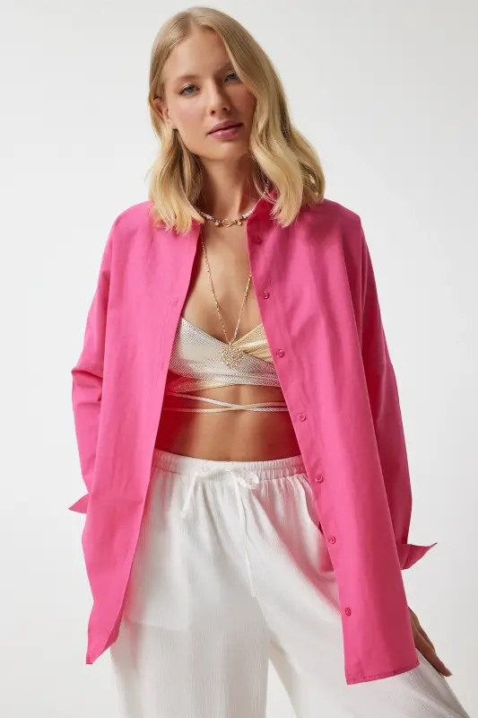 Women's Dark Pink Oversize Long Basic Shirt DD00842-Dark Pink - 1