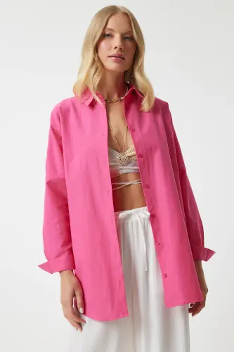 Women's Dark Pink Oversize Long Basic Shirt DD00842-Dark Pink - HAPPINESS İSTANBUL (1)