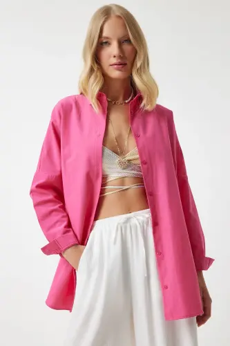 Women's Dark Pink Oversize Long Basic Shirt DD00842-Dark Pink - 3