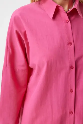 Women's Dark Pink Oversize Long Basic Shirt DD00842-Dark Pink - 4