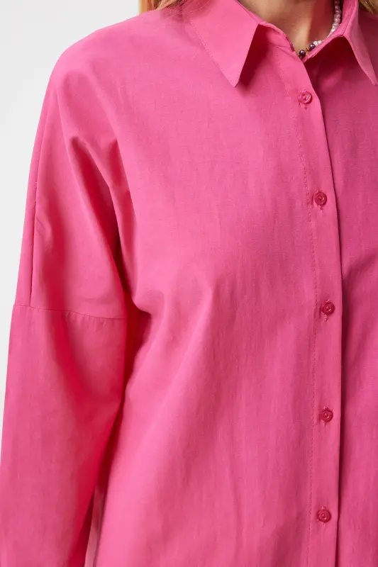 Women's Dark Pink Oversize Long Basic Shirt DD00842-Dark Pink - 4