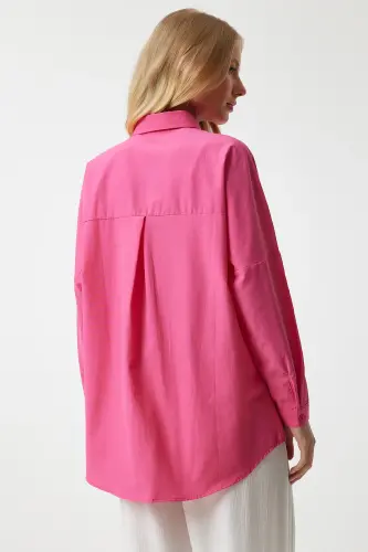 Women's Dark Pink Oversize Long Basic Shirt DD00842-Dark Pink - 5
