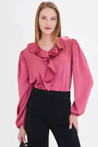 Women's Dark Pink Ruffled Collar Shirred Shoulder Elastic Sleeve Cotton Sateen Blouse ARM-22K001059-Dark Pink - 1