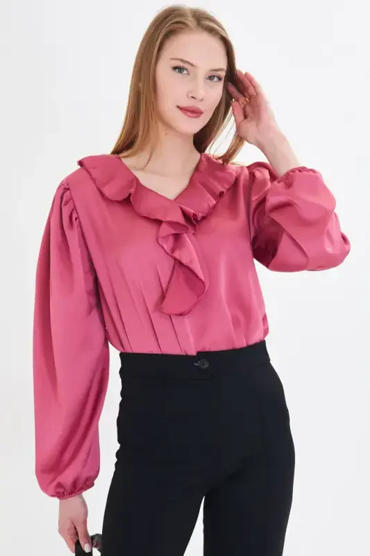 Women's Dark Pink Ruffled Collar Shirred Shoulder Elastic Sleeve Cotton Sateen Blouse ARM-22K001059-Dark Pink - 3