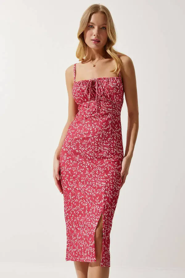 Women's Dark Pink White Floral Slit Summer Knit Dress CI00029 - 1