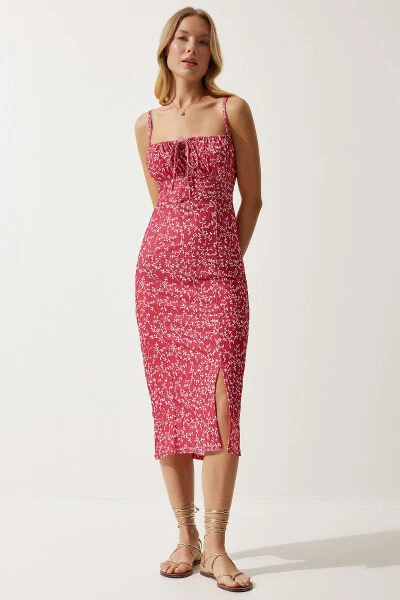 Women's Dark Pink White Floral Slit Summer Knit Dress CI00029 - 3