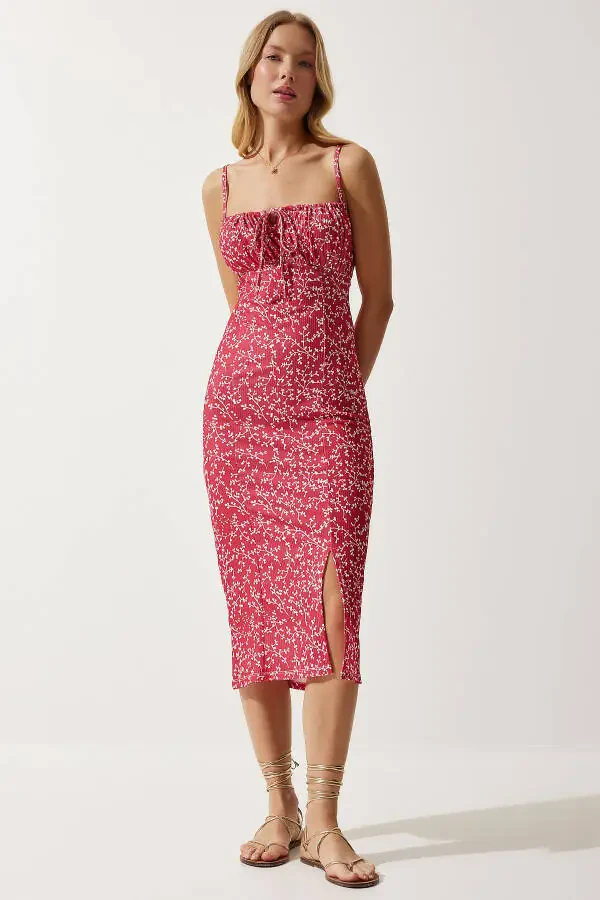 Women's Dark Pink White Floral Slit Summer Knit Dress CI00029 - 3